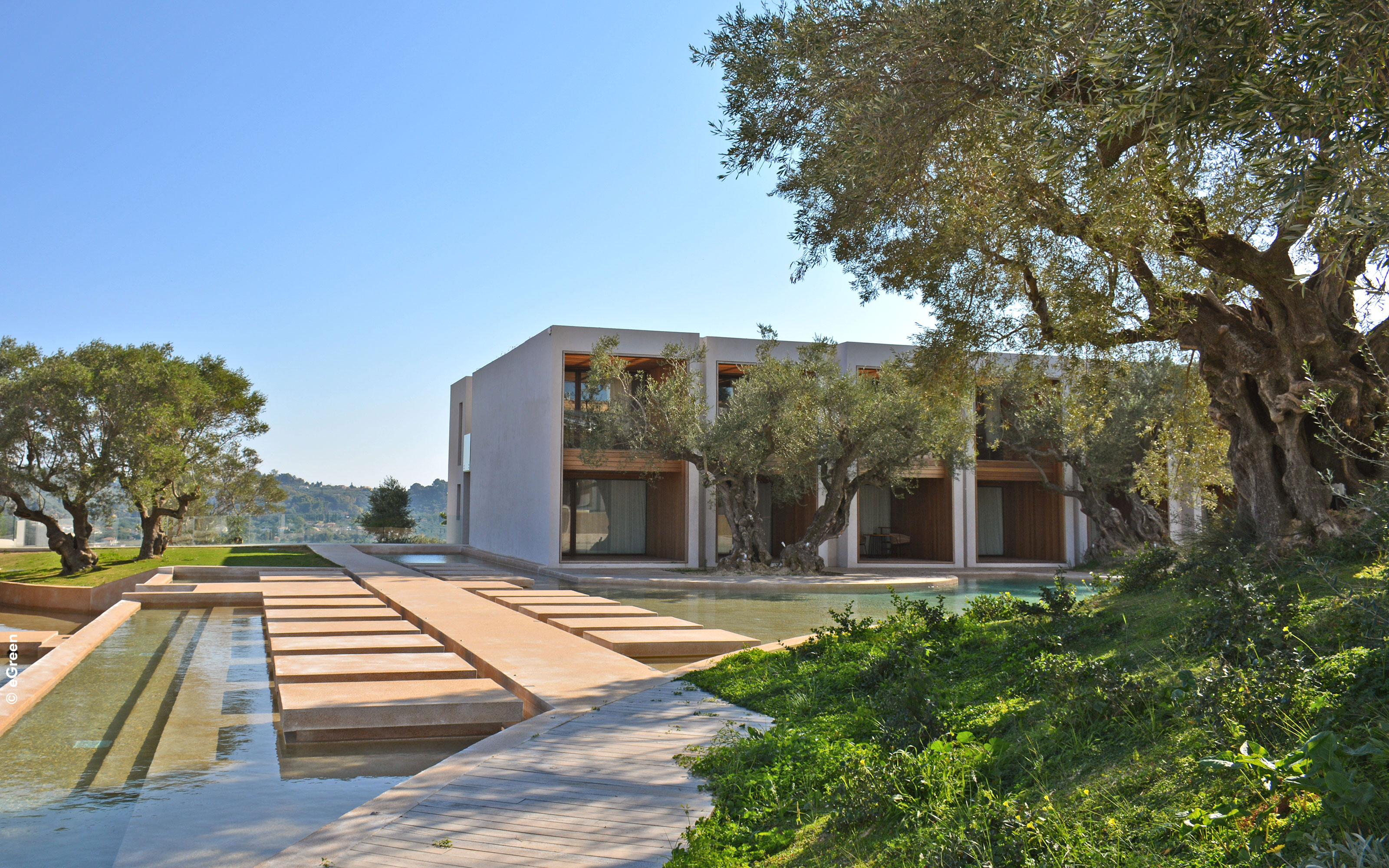 The hotel complex was designed with the complete absence of boundaries. Hotel complex with water basins and olive trees